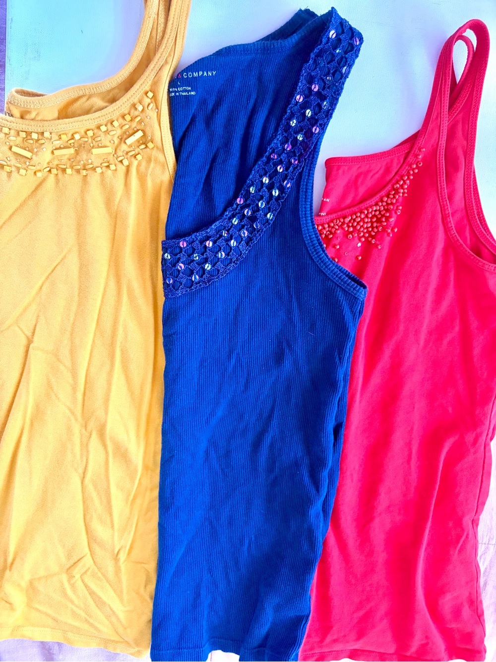 New York & Company Yellow, Blue & Pink Embellished Ribbed Tank Tops